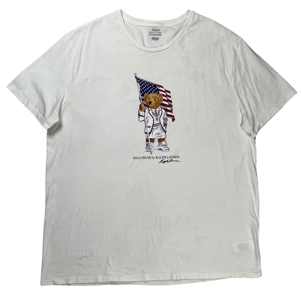 Polo‎ Ralph Lauren T-Shirt Mens XXL White Polo Bear American Flag Graphic Tee